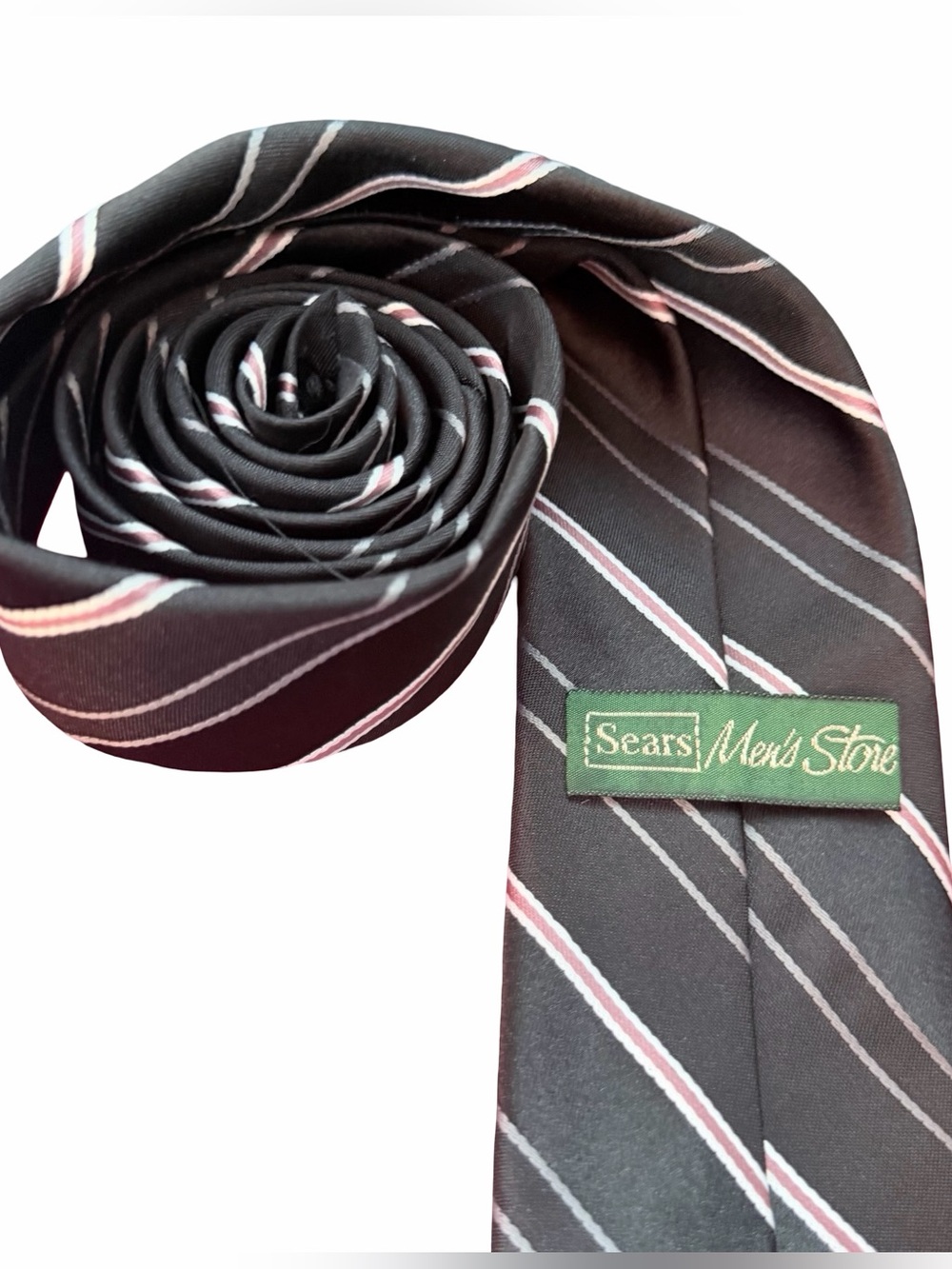 Vintage Sears Men’s Store Tie Black Burgundy Striped Necktie Original $9 Tag